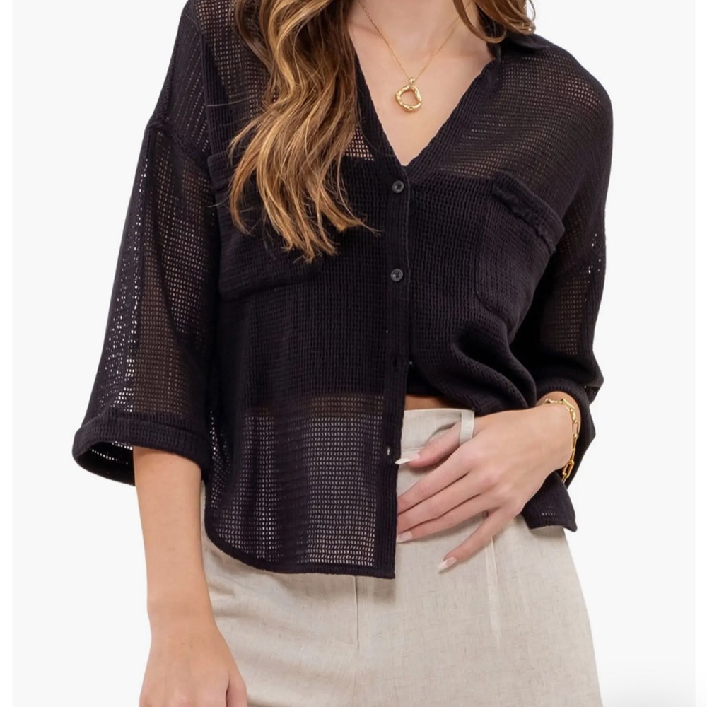 Blu Pepper Mesh Knit Sheer Button Front Top Size S New with Tags - Picture 9 of 9